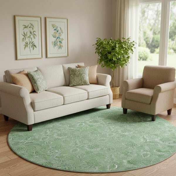 HomeRoots 8' Green and Ivory Floral Round Rug - Washable, UV Protected, Stain-Resistant, Perfect for Homes! 655141