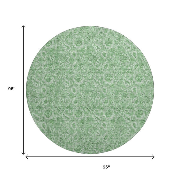 HomeRoots 8' Green and Ivory Floral Round Rug - Washable, UV Protected, Stain-Resistant, Perfect for Homes! 655141