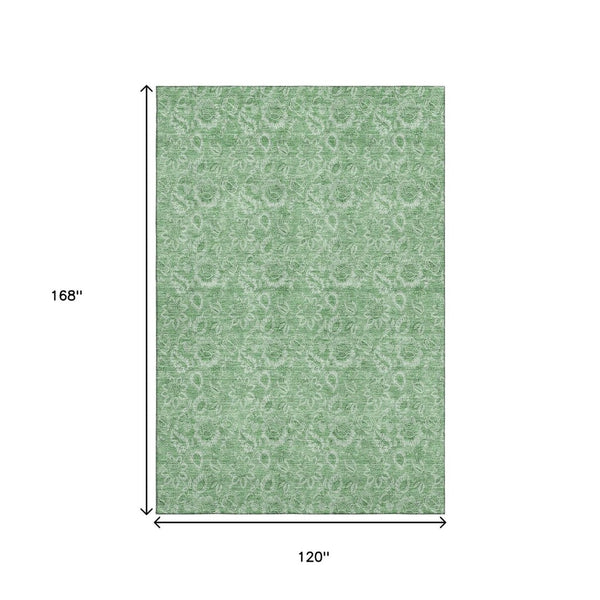 HomeRoots 10' X 14' Floral Washable Area Rug with UV Protection – Elegant Green & Ivory Design for Durable Living 655144
