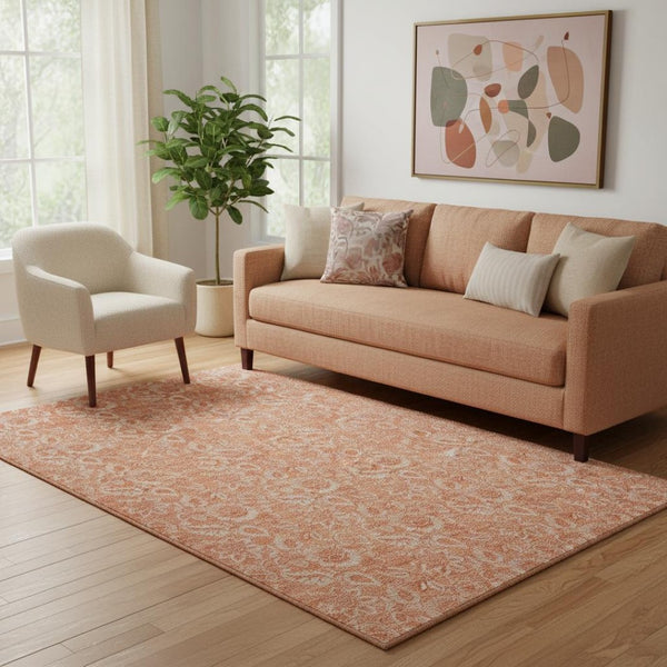 HomeRoots 5' X 8' Salmon Floral Washable Area Rug - Durable, UV-Protected, Easy-Care Design for High-Traffic Spaces 655146