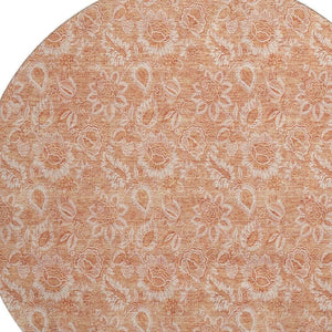 HomeRoots 8' Salmon and Ivory Floral Round Rug – Durable, Washable, UV-Protected, Family-Friendly Elegance 655147