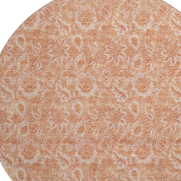 HomeRoots 8' Salmon and Ivory Floral Round Rug – Durable, Washable, UV-Protected, Family-Friendly Elegance 655147
