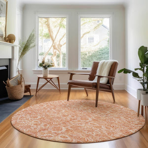 HomeRoots 8' Salmon and Ivory Floral Round Rug – Durable, Washable, UV-Protected, Family-Friendly Elegance 655147