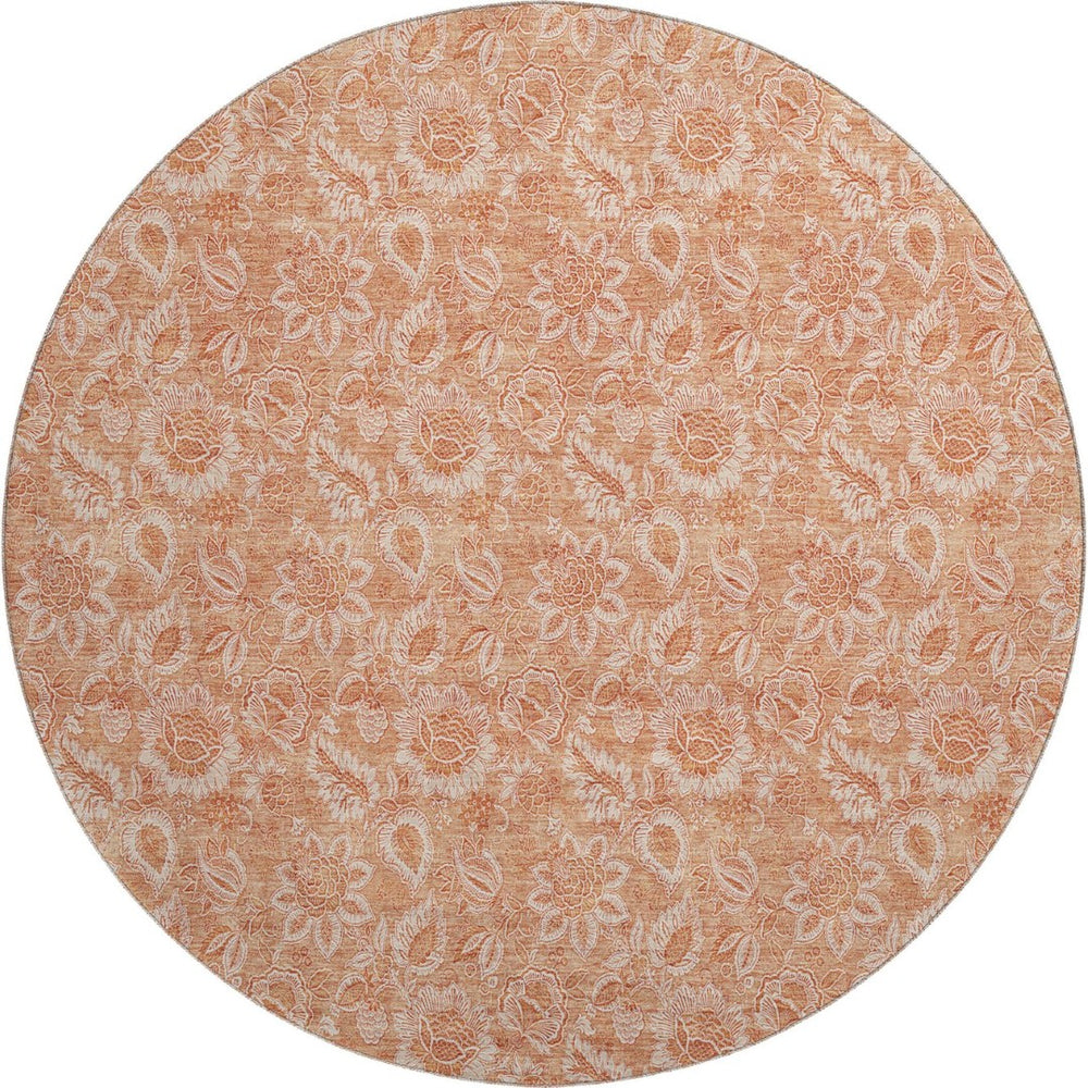 HomeRoots 8' Salmon and Ivory Floral Round Rug – Durable, Washable, UV-Protected, Family-Friendly Elegance 655147