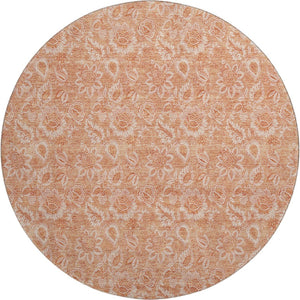 HomeRoots 8' Salmon and Ivory Floral Round Rug – Durable, Washable, UV-Protected, Family-Friendly Elegance 655147