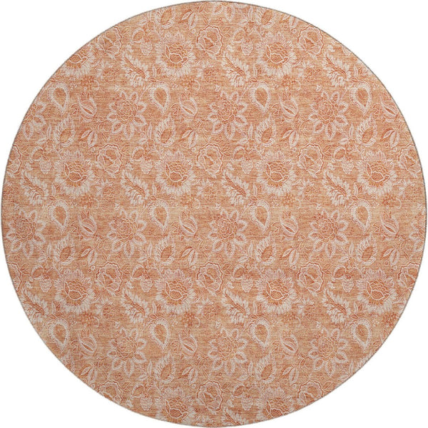 HomeRoots 8' Salmon and Ivory Floral Round Rug – Durable, Washable, UV-Protected, Family-Friendly Elegance 655147