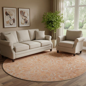 HomeRoots 8' Salmon and Ivory Floral Round Rug – Durable, Washable, UV-Protected, Family-Friendly Elegance 655147