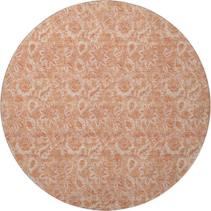 HomeRoots 8' Salmon and Ivory Floral Round Rug – Durable, Washable, UV-Protected, Family-Friendly Elegance 655147