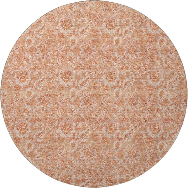 HomeRoots 8' Salmon and Ivory Floral Round Rug – Durable, Washable, UV-Protected, Family-Friendly Elegance 655147
