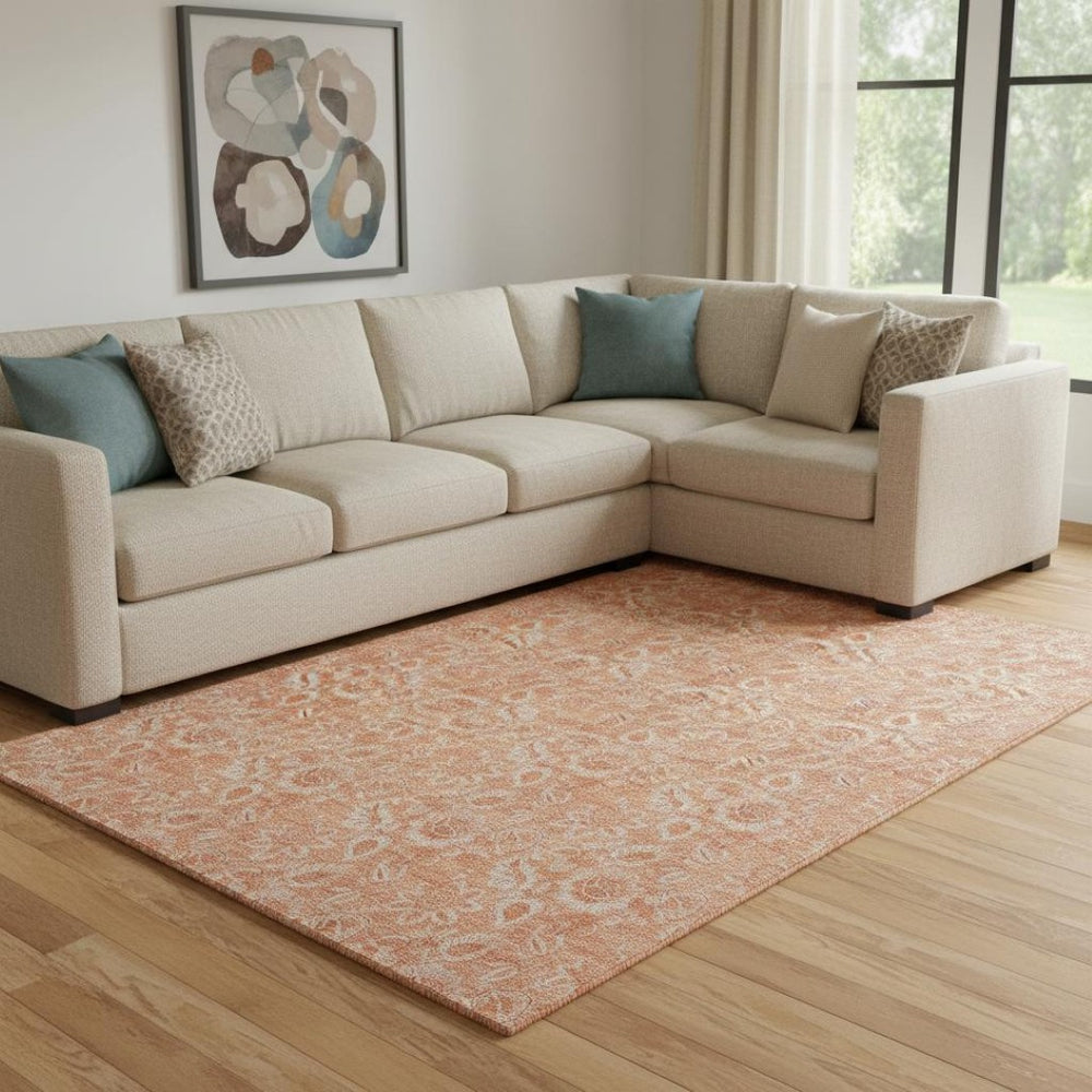 HomeRoots 9' X 12' Salmon Floral Area Rug - Washable, UV Protected & Stain-Resistant for Family Living Spaces 655149
