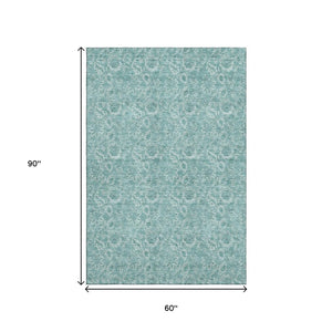 HomeRoots 5' X 8' Teal Floral Area Rug - Durable, UV-Protected, Washable, Perfect for Homes with Kids & Pets! 655152
