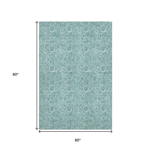 HomeRoots 5' X 8' Teal Floral Area Rug - Durable, UV-Protected, Washable, Perfect for Homes with Kids & Pets! 655152