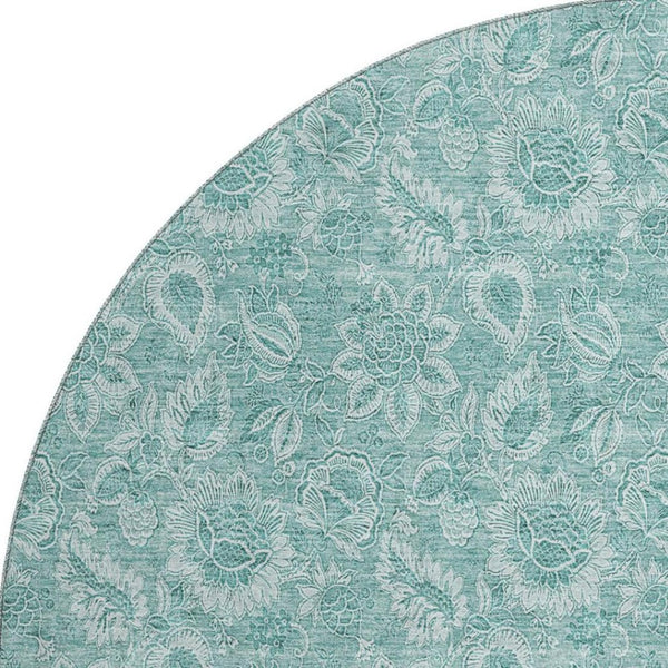 HomeRoots 8' Teal And Ivory Floral Round Rug - Washable, UV Protected, Stylish Home Décor for Any Space 655153