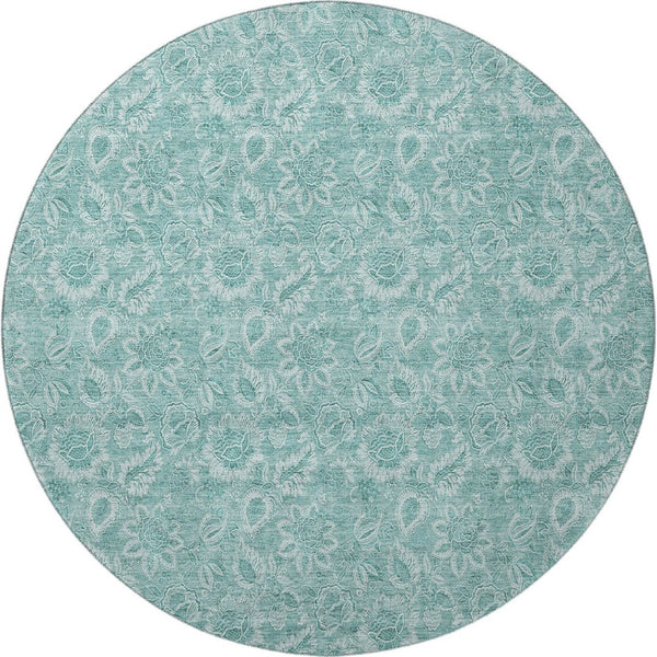 HomeRoots 8' Teal And Ivory Floral Round Rug - Washable, UV Protected, Stylish Home Décor for Any Space 655153