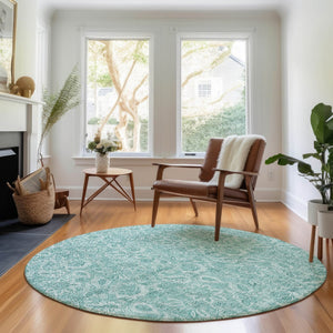 HomeRoots 8' Teal And Ivory Floral Round Rug - Washable, UV Protected, Stylish Home Décor for Any Space 655153