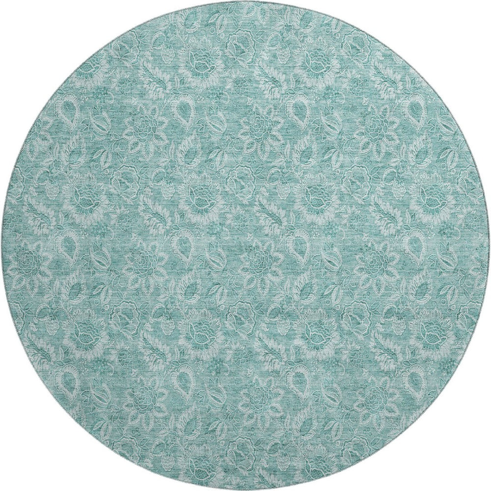 HomeRoots 8' Teal And Ivory Floral Round Rug - Washable, UV Protected, Stylish Home Décor for Any Space 655153