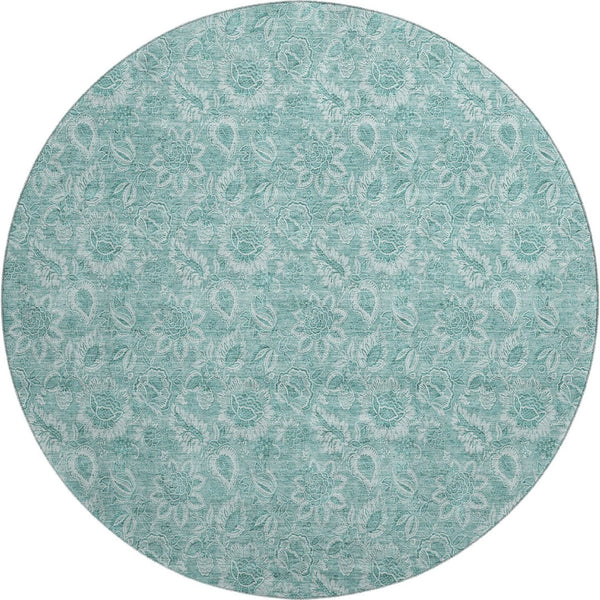 HomeRoots 8' Teal And Ivory Floral Round Rug - Washable, UV Protected, Stylish Home Décor for Any Space 655153
