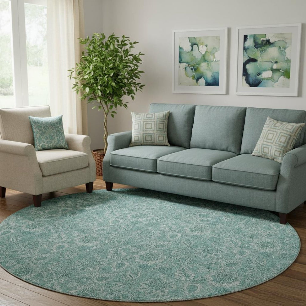HomeRoots 8' Teal And Ivory Floral Round Rug - Washable, UV Protected, Stylish Home Décor for Any Space 655153