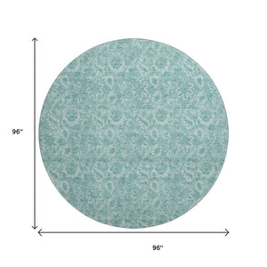 HomeRoots 8' Teal And Ivory Floral Round Rug - Washable, UV Protected, Stylish Home Décor for Any Space 655153