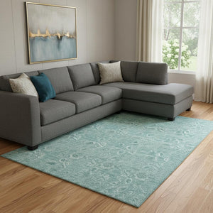HomeRoots 8' X 10' Teal & Ivory Floral Area Rug - Washable, Stain-Resistant, UV-Protected for Busy Homes 655154