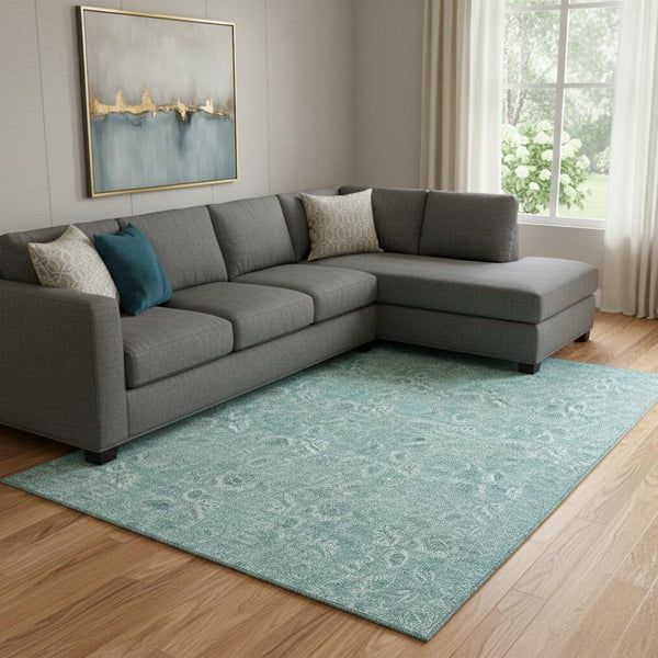 HomeRoots 8' X 10' Teal & Ivory Floral Area Rug - Washable, Stain-Resistant, UV-Protected for Busy Homes 655154