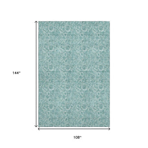 HomeRoots 9' X 12' Teal & Ivory Floral Area Rug - Durable, Washable, UV-Protected for High-Traffic Spaces 655155