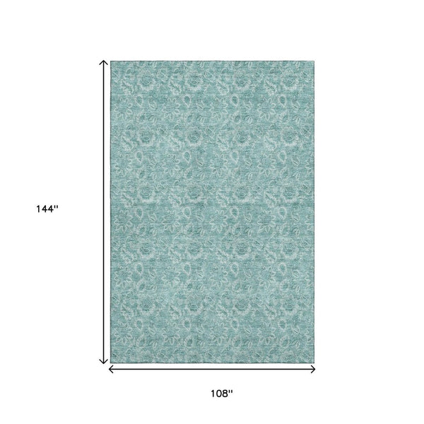 HomeRoots 9' X 12' Teal & Ivory Floral Area Rug - Durable, Washable, UV-Protected for High-Traffic Spaces 655155