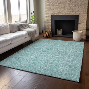 HomeRoots 9' X 12' Teal & Ivory Floral Area Rug - Durable, Washable, UV-Protected for High-Traffic Spaces 655155
