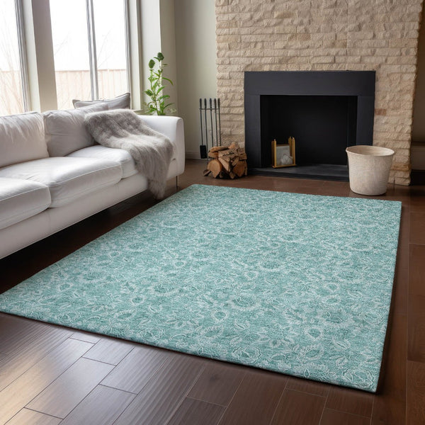 HomeRoots 9' X 12' Teal & Ivory Floral Area Rug - Durable, Washable, UV-Protected for High-Traffic Spaces 655155