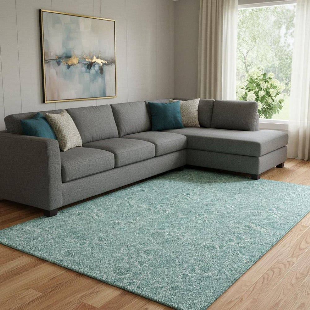 HomeRoots 10' X 14' Teal And Ivory Floral Area Rug - Washable, UV Protected, Perfect for Any Room Décor! 655156