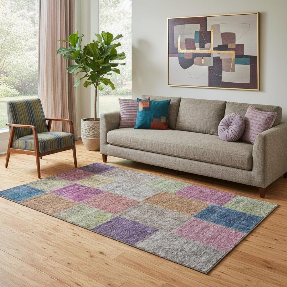 HomeRoots 5' Copper Blue & Purple Patchwork Area Rug - Washable, UV Protected, Soft & Durable for High Traffic Areas 655158