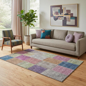 HomeRoots 5' Copper Blue & Purple Patchwork Area Rug - Washable, UV Protected, Soft & Durable for High Traffic Areas 655158