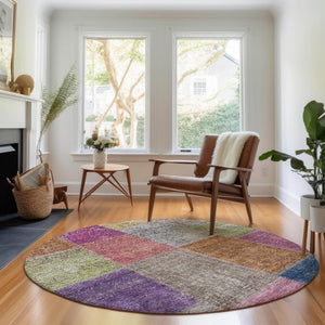 HomeRoots 8' Vibrant Copper, Blue & Purple Round Washable Rug – UV Protected, Stain-Resistant, Durable Design 655159