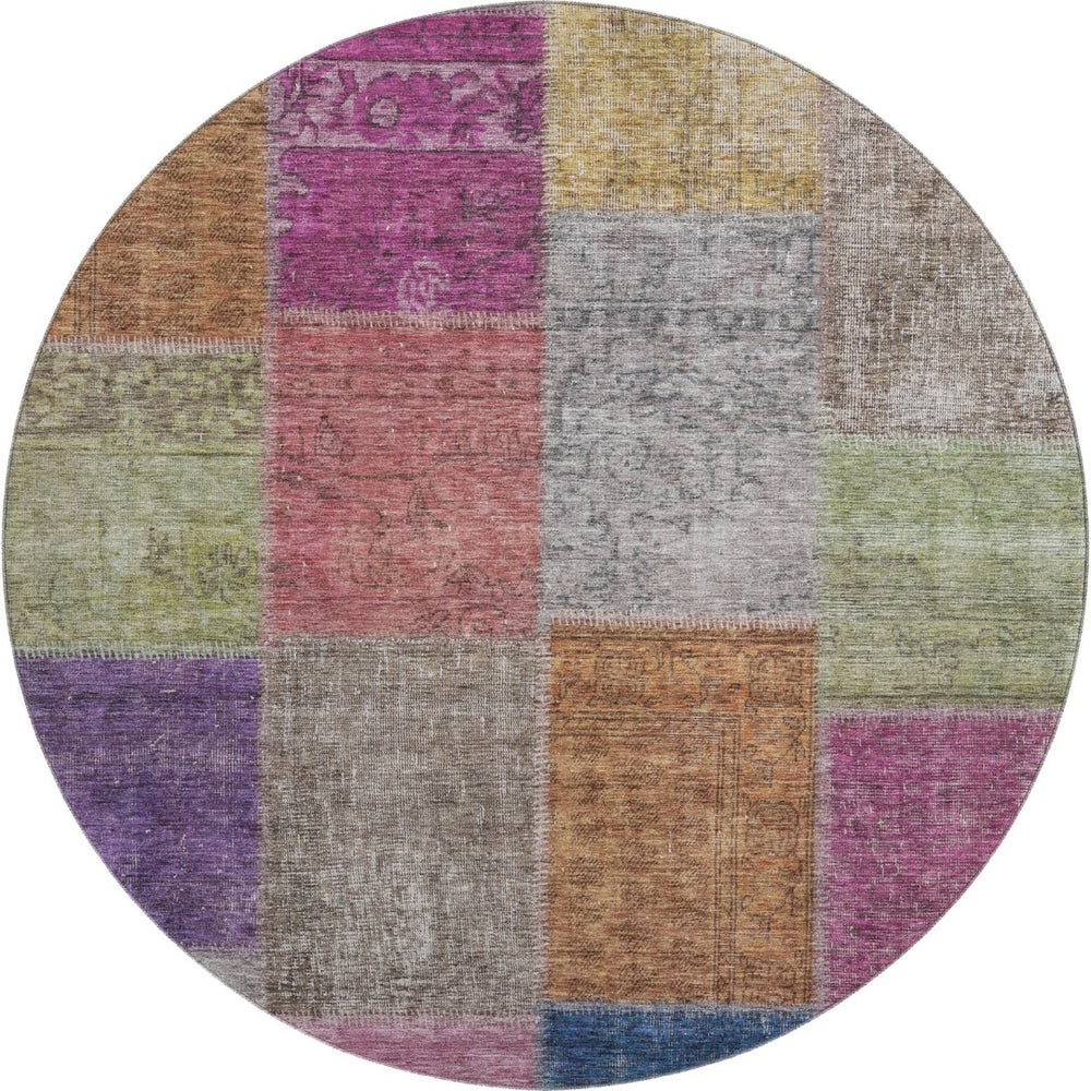 HomeRoots 8' Vibrant Copper, Blue & Purple Round Washable Rug – UV Protected, Stain-Resistant, Durable Design 655159