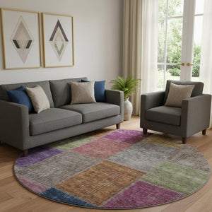 HomeRoots 8' Vibrant Copper, Blue & Purple Round Washable Rug – UV Protected, Stain-Resistant, Durable Design 655159