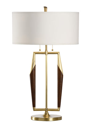 Wildwood Ferretti Mid-Century Table Lamp With Antiqued Brass & Dark Cherry Wood, White Silkette Shade, 29" 65516