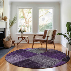 HomeRoots 8' Eggplant Gray & Purple Patchwork Washable Round Rug – Durable, Stain Resistant, UV Protected Design 655165