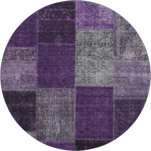 HomeRoots 8' Eggplant Gray & Purple Patchwork Washable Round Rug – Durable, Stain Resistant, UV Protected Design 655165