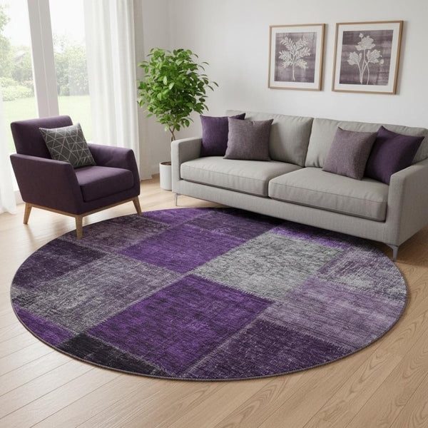 HomeRoots 8' Eggplant Gray & Purple Patchwork Washable Round Rug – Durable, Stain Resistant, UV Protected Design 655165