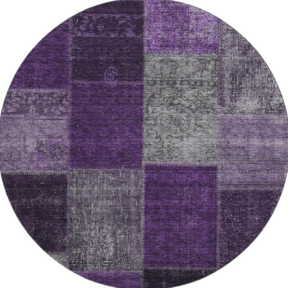 HomeRoots 8' Eggplant Gray & Purple Patchwork Washable Round Rug – Durable, Stain Resistant, UV Protected Design 655165