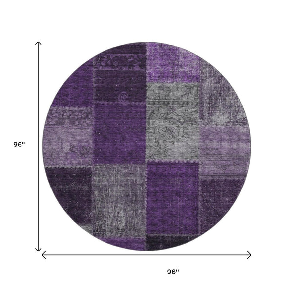 HomeRoots 8' Eggplant Gray & Purple Patchwork Washable Round Rug – Durable, Stain Resistant, UV Protected Design 655165