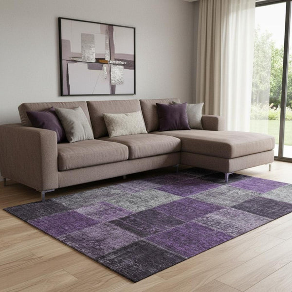 HomeRoots 8' X 10' Eggplant Gray and Purple Patchwork Area Rug - Durable, Washable, UV-Protected for Any Space 655166