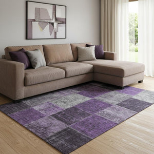HomeRoots 9' X 12' Eggplant Gray & Purple Patchwork Area Rug - Stain Resistant, UV Protected, Non-Slip Design 655167