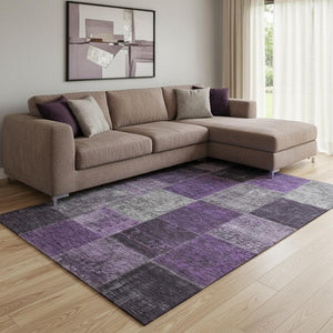HomeRoots 10' Eggplant Gray & Purple Patchwork Washable Area Rug - Durable, UV-Protected, Stain-Resistant Design 655168