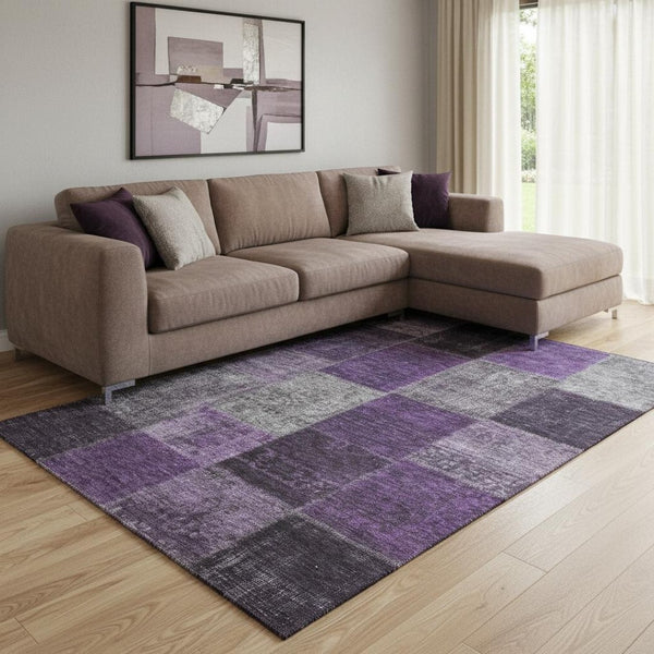 HomeRoots 10' Eggplant Gray & Purple Patchwork Washable Area Rug - Durable, UV-Protected, Stain-Resistant Design 655168
