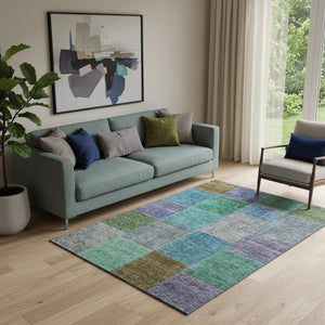 HomeRoots 5' Vibrant Green Blue Purple Patchwork Washable Area Rug with UV Protection for High-Traffic Homes 655170