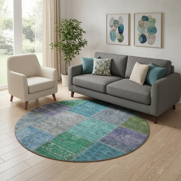 HomeRoots 8' Vibrant Green, Blue & Purple Patchwork Washable Round Rug with UV Protection for Busy Homes 655171