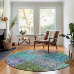 HomeRoots 8' Vibrant Green, Blue & Purple Patchwork Washable Round Rug with UV Protection for Busy Homes 655171