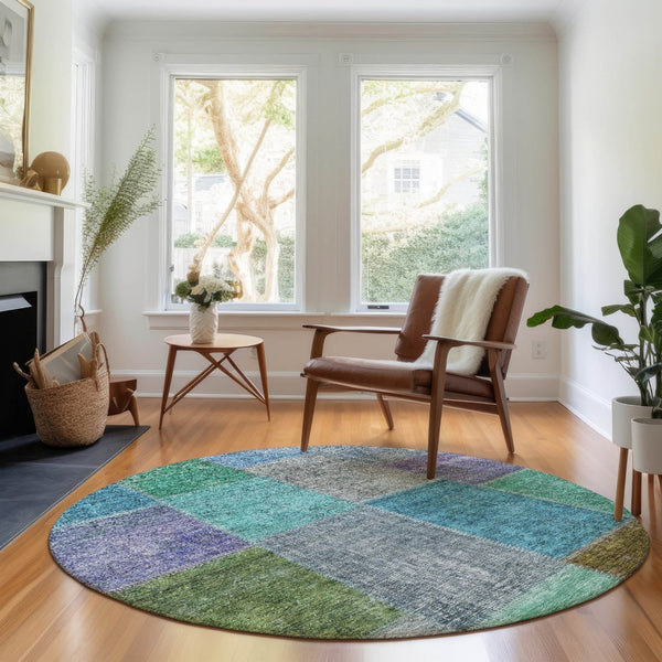 HomeRoots 8' Vibrant Green, Blue & Purple Patchwork Washable Round Rug with UV Protection for Busy Homes 655171