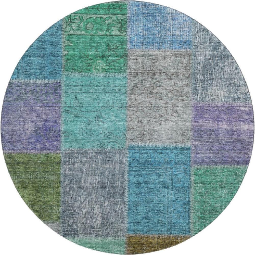 HomeRoots 8' Vibrant Green, Blue & Purple Patchwork Washable Round Rug with UV Protection for Busy Homes 655171